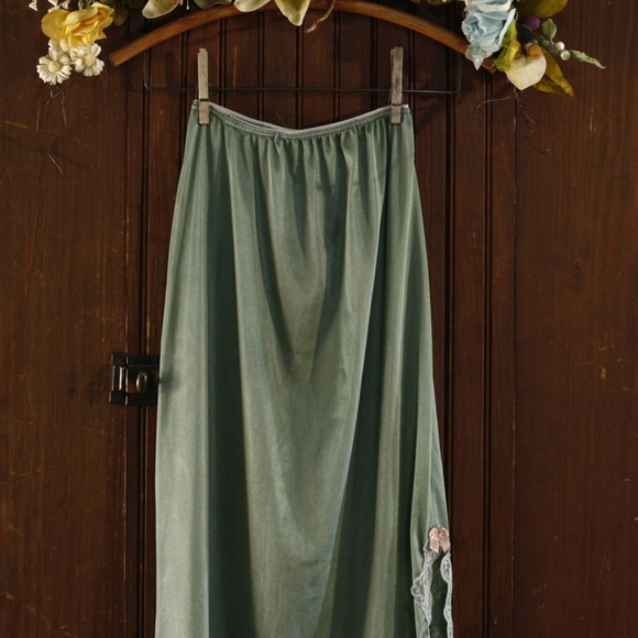 Dusty Green Silky Lace Trim Skirt - Picture 2 of 10